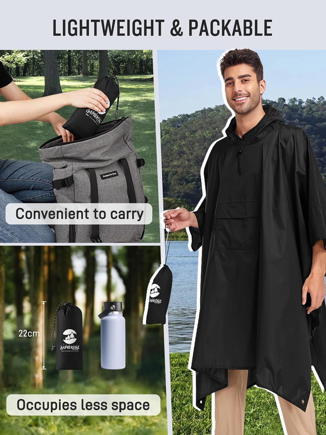 SaphiRose Extra Thick Hooded Rain Poncho Double Layer Waterproof Raincoat Jacket for Men Women Adults - Image 5