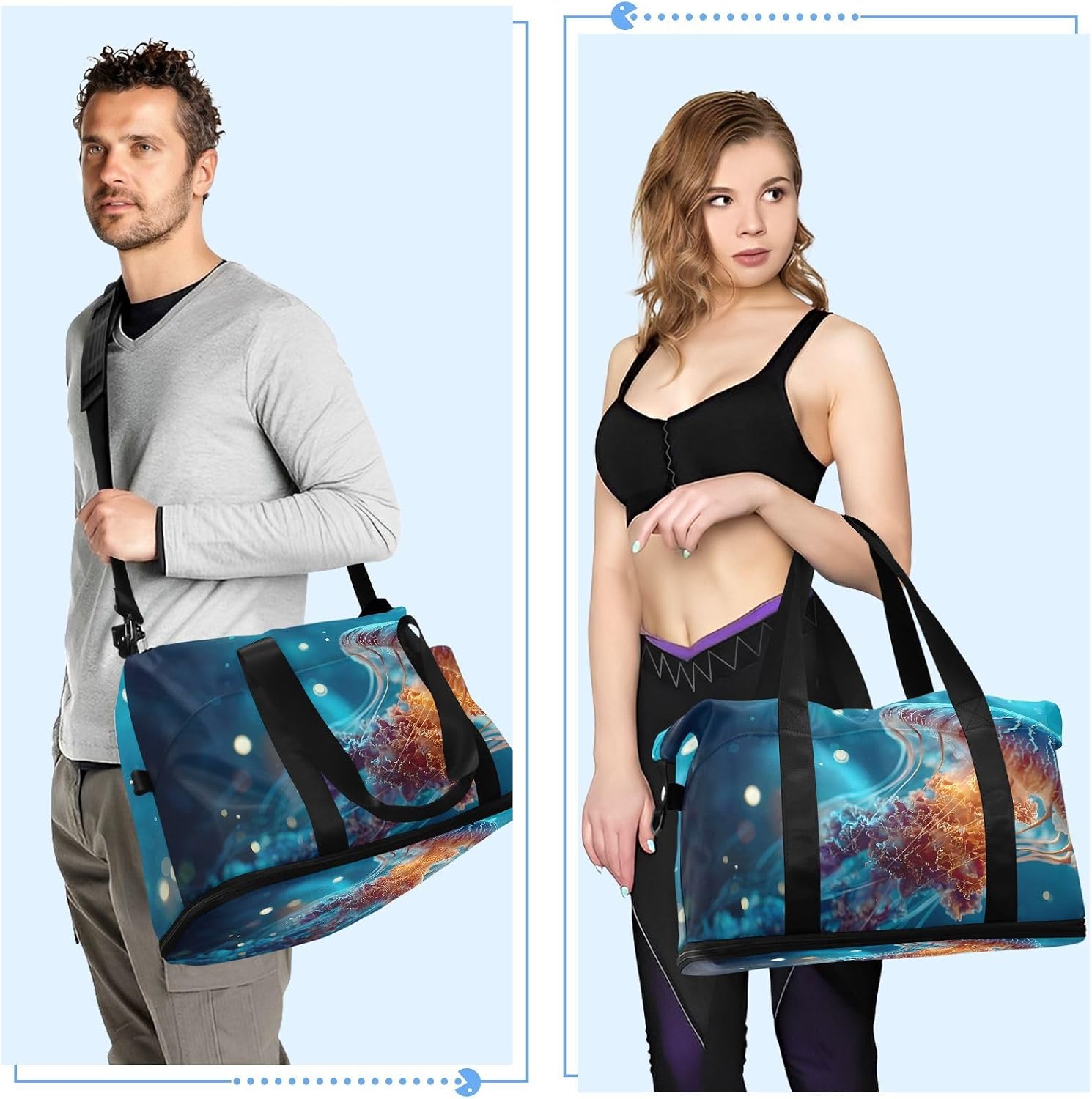 AIXIWAWA Duffel Bags Set Elegant Jellyfish Printed for Gym Travel with Shoes Compartment Large Capacity
