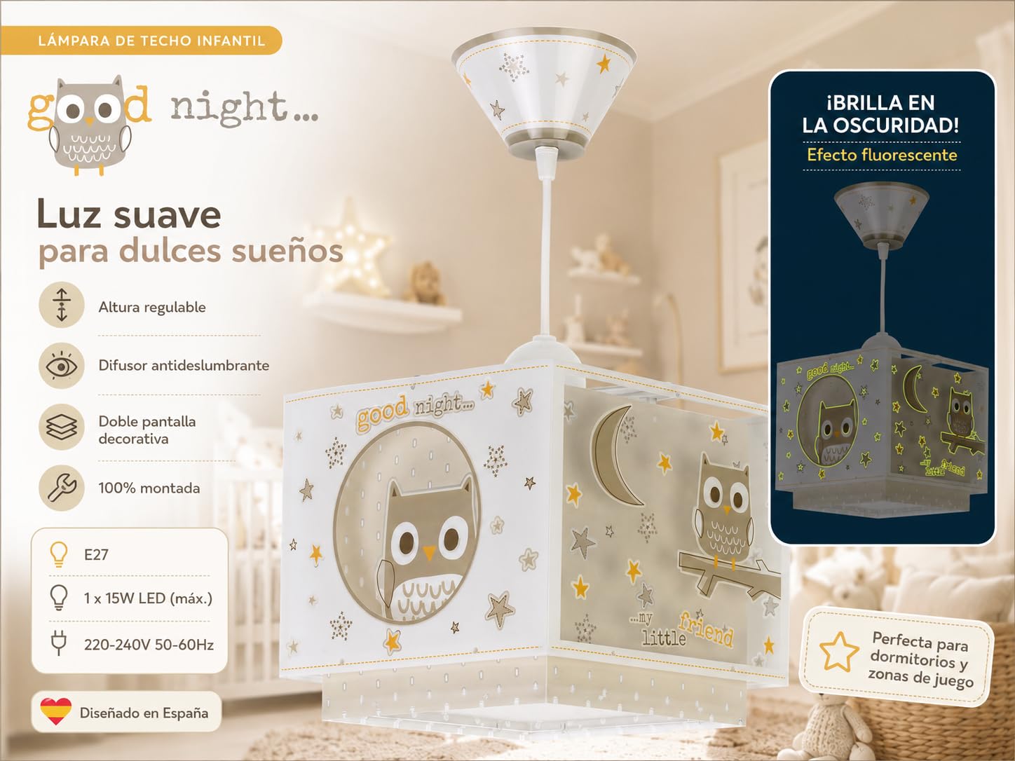Dalber Lámpara Techo Colgante Infantil Good Night Búho 63392M E27 | Incluye difusor de luz inferior extraible; Habitación niños; lámparas infantiles; animales