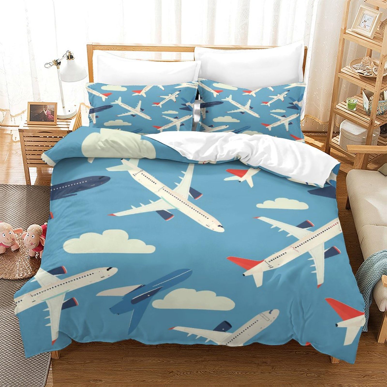 P1S9U7W5Y Dynamic Airplane Clouds 3D Printed Duvet Cover Set 3pcs Microfiber Aviation Bedding Set King（220x240cm）