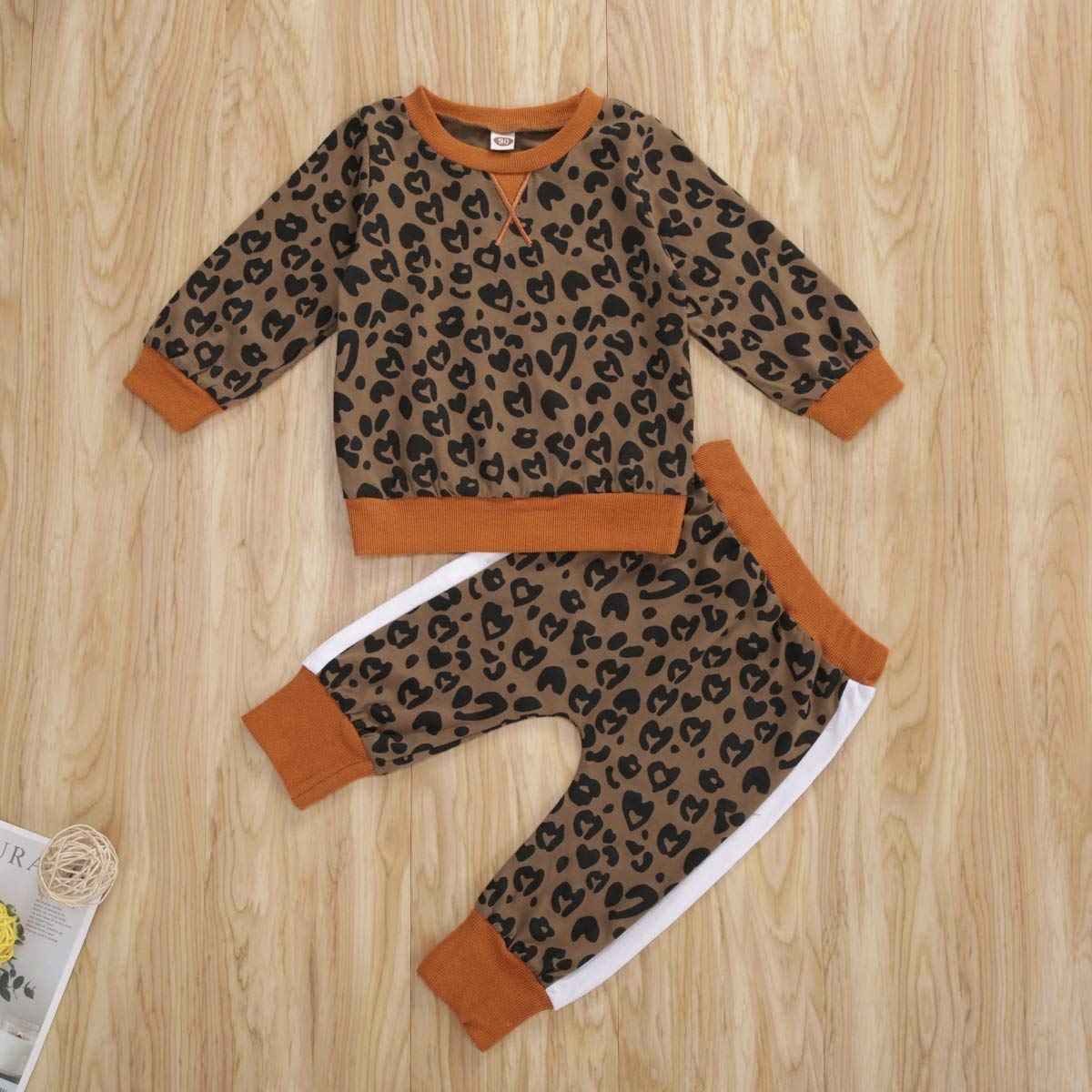 Toddler Baby Girl Boy Leopard Outfit Pullover Sweatshirt Tops Pants Sweatsuit 2Pcs Set Fall Winter Clothes (A- Brown,12-18 Months)