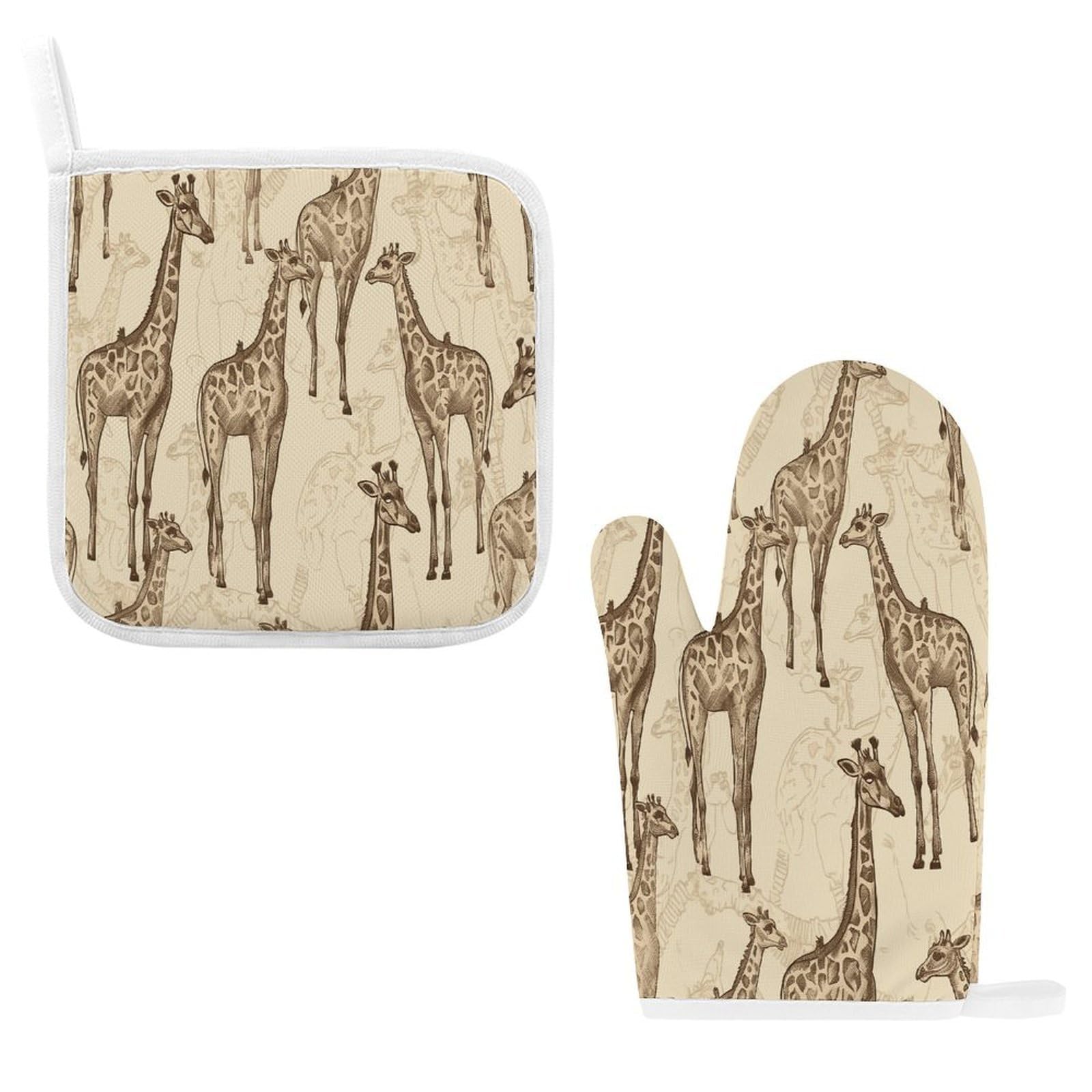 Btcowzrv Style Hand Drawn Giraffes Oven Mitts And Pot Holders 2Pcs Set