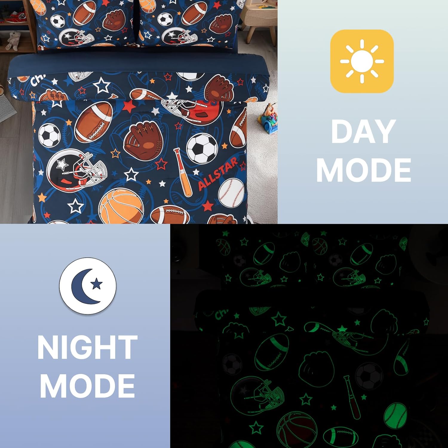 Full Size Comforter Set for Boys-7 Pieces Sports Ball Games Glow in The Dark Full Bedding Sets for Kids, Ultra Soft Bed in A Bag with Sheets - Image 4