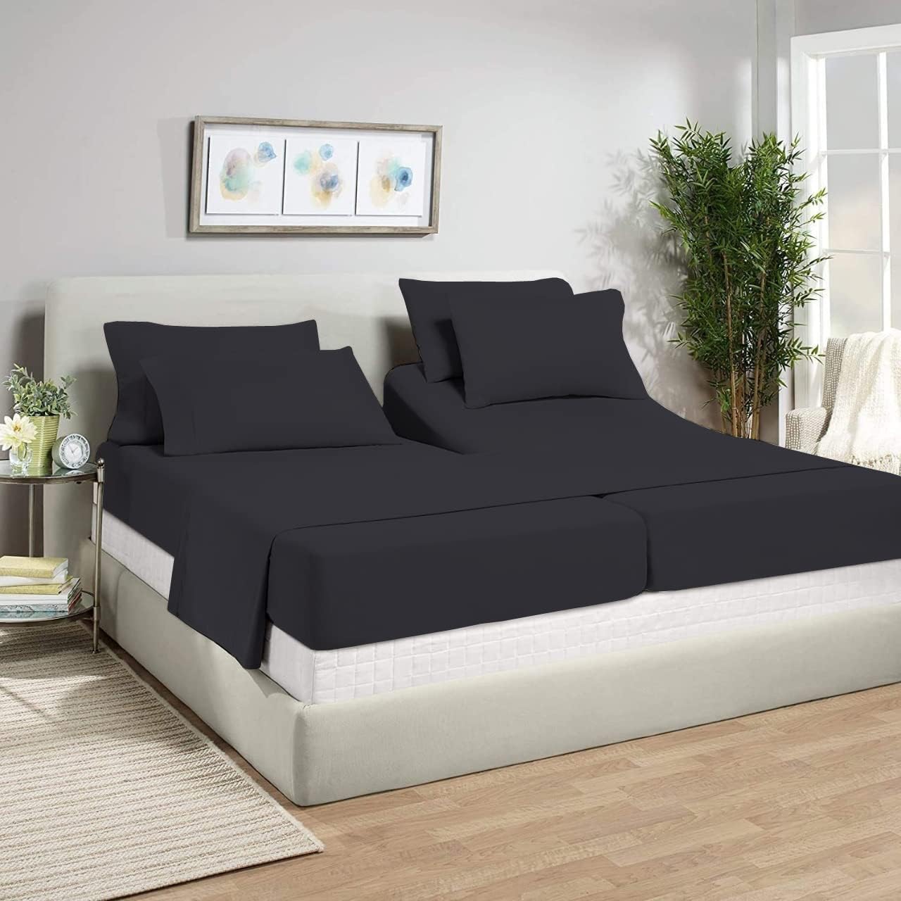 RECCI Split California King Size - 5 Piece 1000 Thread Count 100% Egyptian Cotton Split Sheets Set for Adjustable Beds, Fits Mattress 18" inch Deep Pocket - Split California King Size - Black Solid