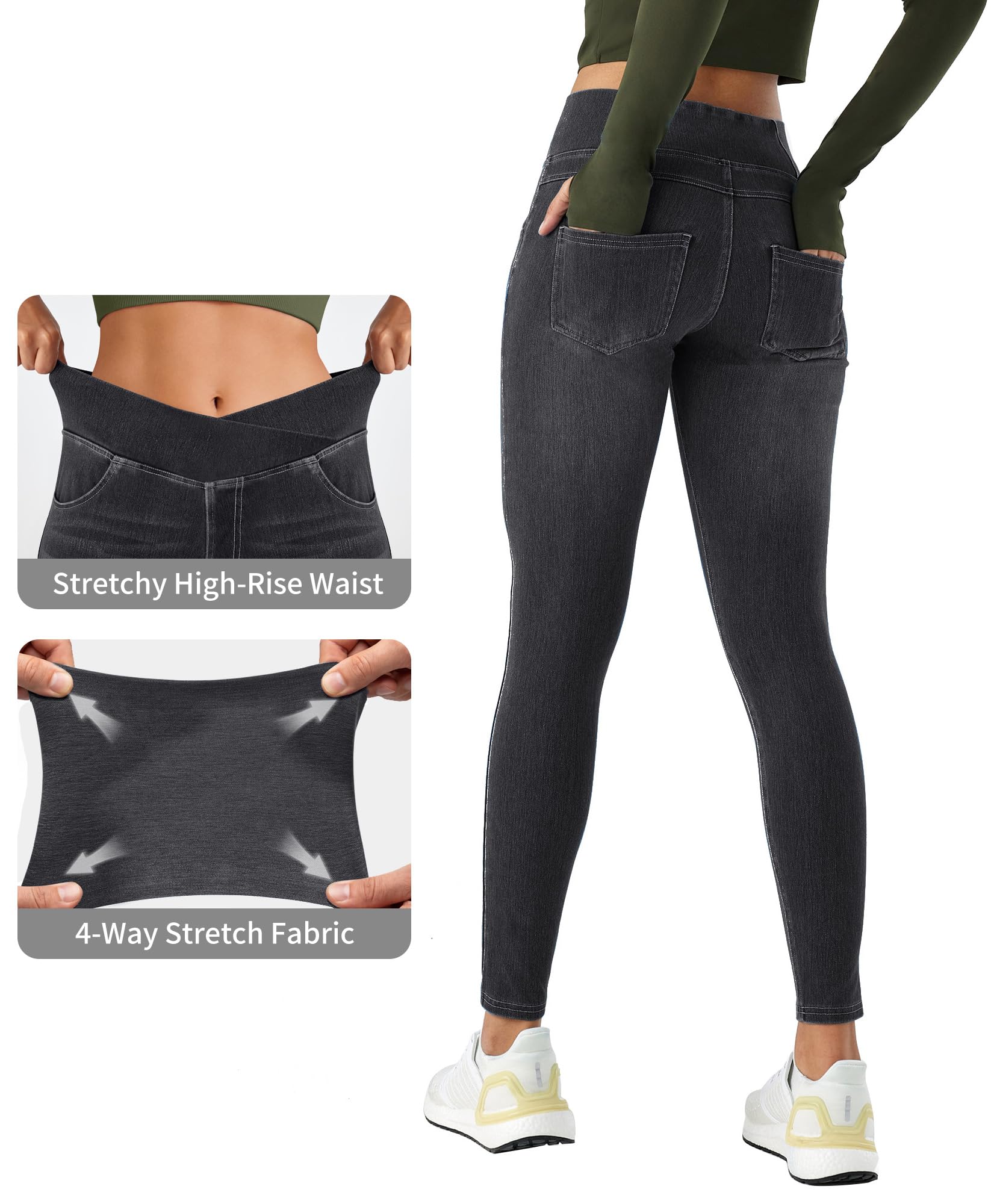 LaiEr Mujer Skinny Jeans V Cruzada de Cintura Alta Barriga Casual Fitness Leggings, Soft Stretch Casual Faux Denim Print Laterales Adecuado para Deportes y Ocio,con Bolsillos
