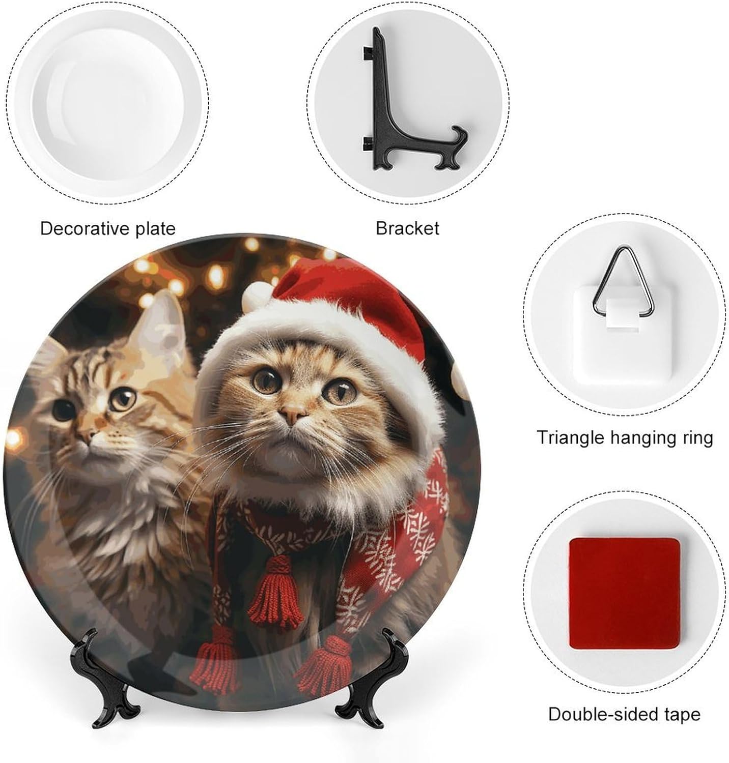 Christmas Cat Bone China Decorative Plate with Display Stand, Ceramic Ornaments Plate for Wall Hanging, Personalized Porcelain Plates for Office, Living Room 8inch