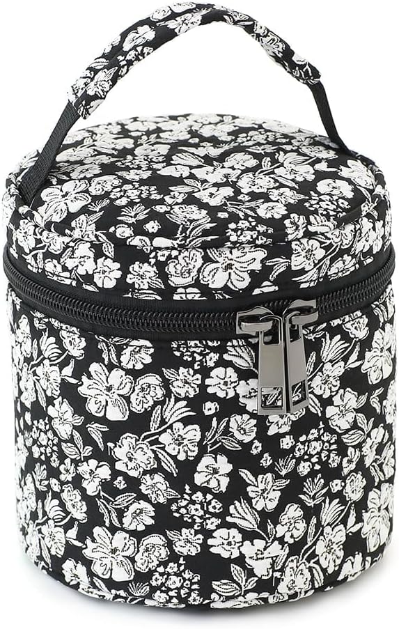 Small Makeup Bag, Cylinder Cosmetic Pouch with Handle, Black White Floral Jacquard, Portable for Purse, Boho Gift for Women - Image 8