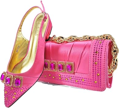 Wjnvfioo Elegant Rhinestone Low Heels Pointed-Toe Pumps Bag Set Womens Party Shoes Set
