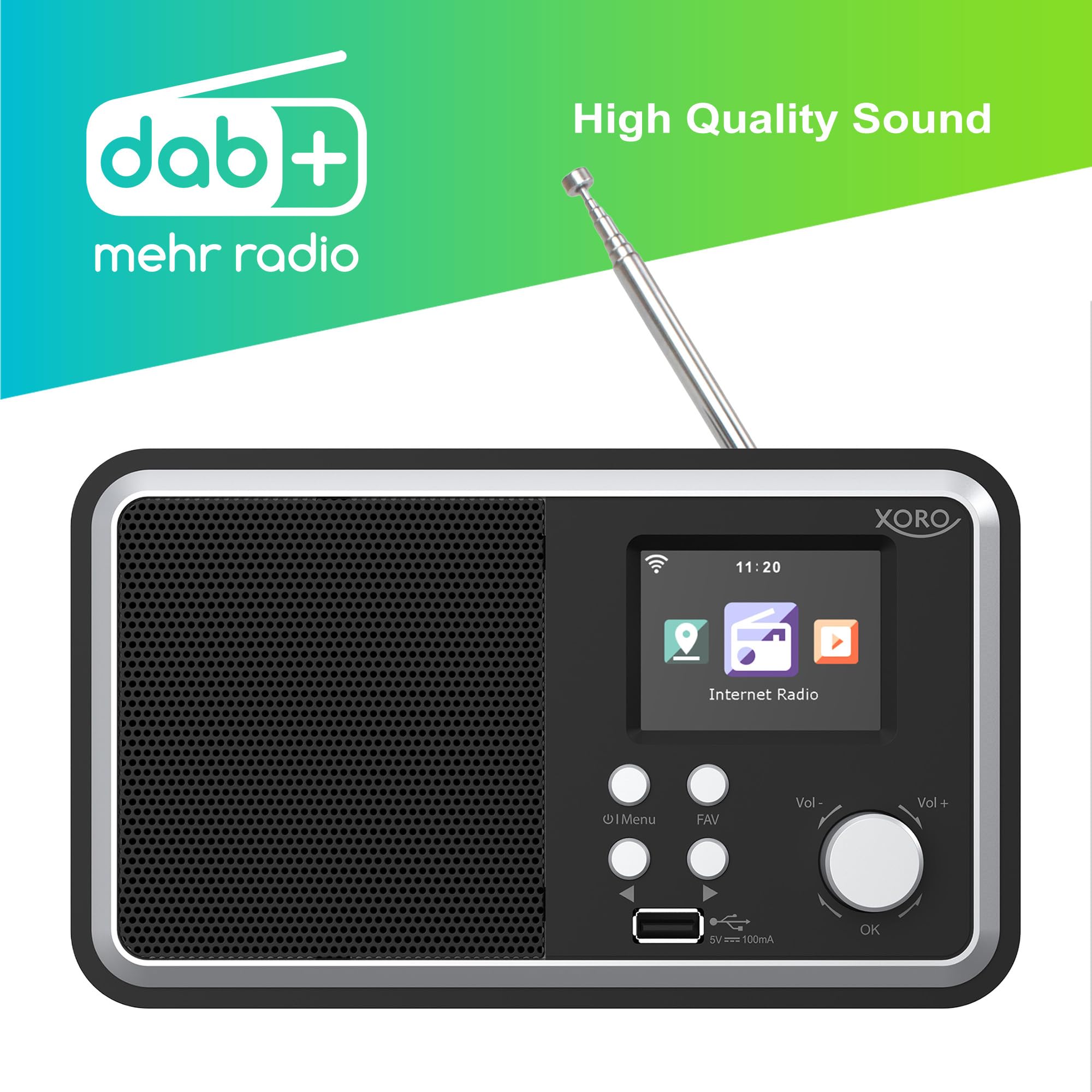 XORO DAB 300 IR digitales WLAN Internet Radio mit DAB+ & FM Empfang, Bluetooth 5.2, Podcast-Wiedergabe, 2,4" Zoll Farbdisplay, integriertem Wecker, Schwarz