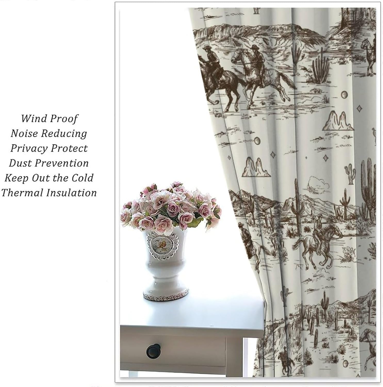 Vintage American Wilderness Western Cowboy Blackout Curtains for Bedroom,Sketch Style Western Cowboy Cacti Room Darkening Window Curtains with Rod Pocket - 2 Panels 63" L x 31.5" W