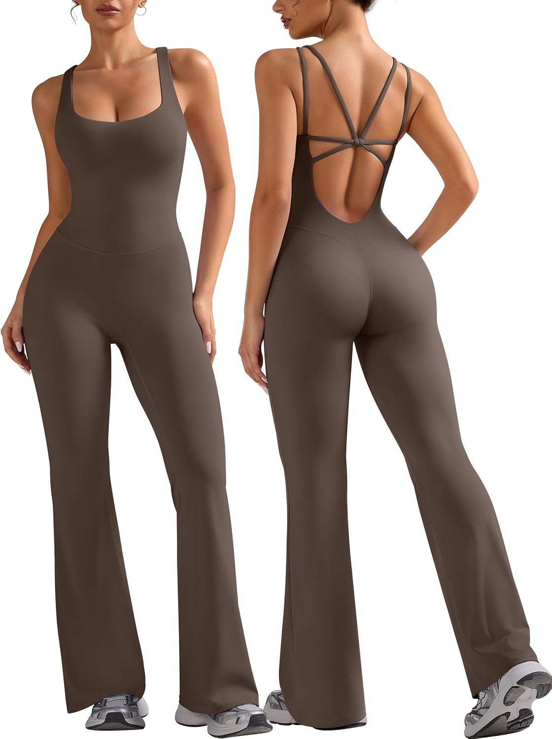 Reltey Flare Workout Jumpsuits for Women One Piece Sleeveless Sexy Backless Criss Cross Straps Gym Yoga Rompers Built-in Bra