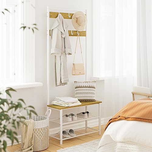 Miniatura 18 de Hall Tree con banco y almacenamiento de zapatos, perchero 3 en 1, perchero de madera independiente con marco de metal, estante de almacenamiento de