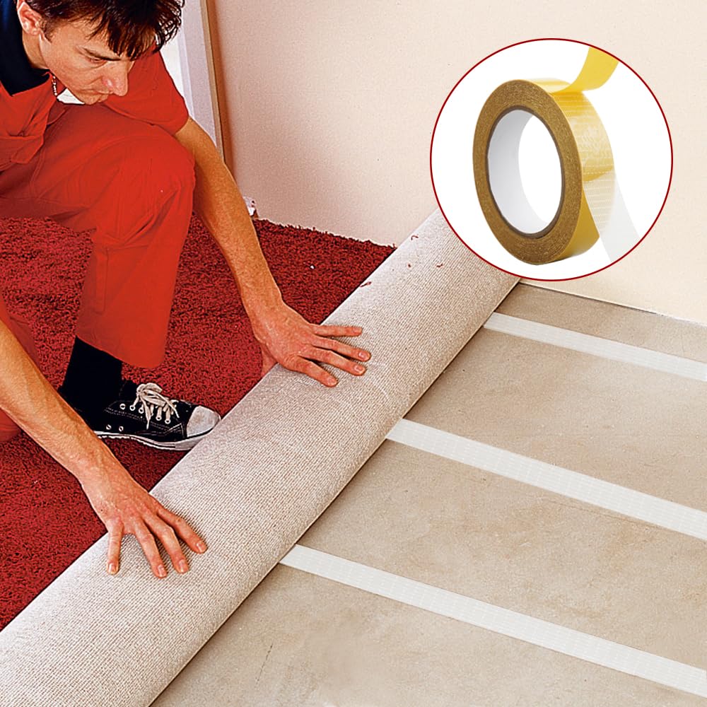 Nastro Biadesivo per Tappeti, 20 m x 25 mm Biadesivo per Muro per Moquette Extra Forte, Nastro Biadesivo Indicato per Tappeti Senza Residui, Nastro Biadesivo in Tessuto per La Posa di Moquette