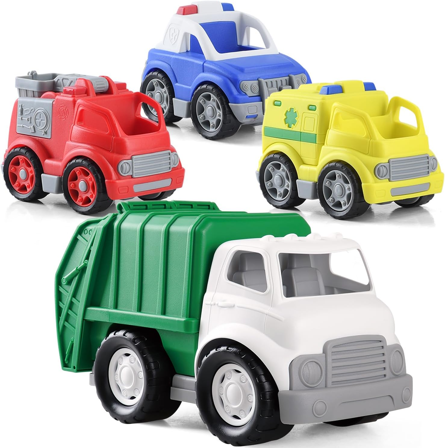PLAY Eco-Friendly Garbage Truck & 3 in 1 Emergency Vehicle Toy Set, [USDA Certified] No BPA/Phthalate/PVC, Recycled Bioplastic Car Toys Vehicle Gift for Kids