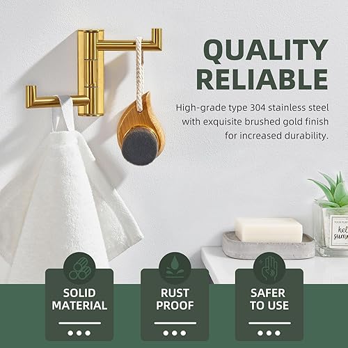 Angle Simple Swivel Towel Hook 3 Arms, SUS 304 Stainless Steel Foldable Bathroom Robe Towel Hook, Wall Coat Holder, Matte Black(Brushed Gold,1 Pack)