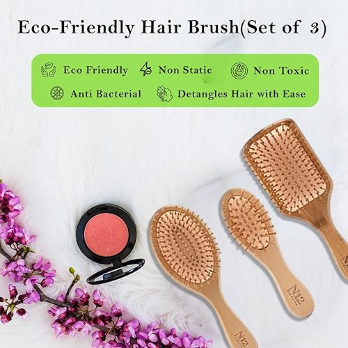 Miniatura 7 de N12 - Juego de 3 cepillos de madera de bambú para mujeres, hombres y niños, peine antiestático para masaje del cuero cabelludo, desenredante,