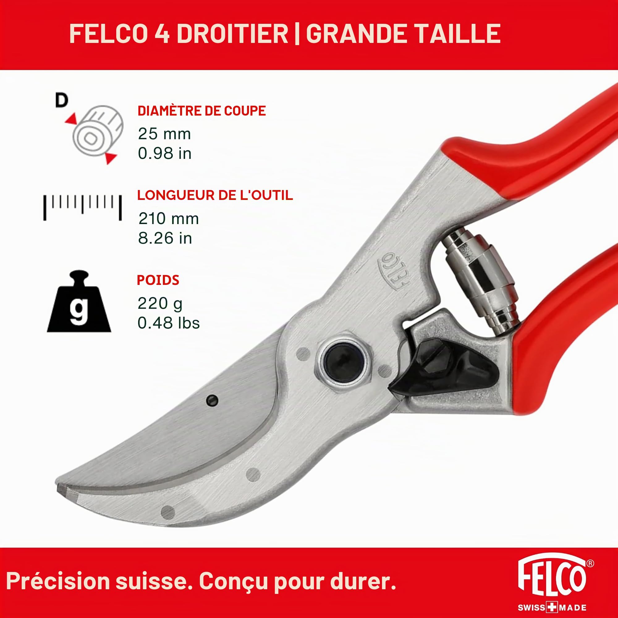 FELCO 4 sécateur droitier grandes mains, taille intensive, coupe 25 mm | Sécateur robuste à lame acier trempé 45 mm, pour un usage quotidien exigeant au jardin et au verger. Swiss Made.