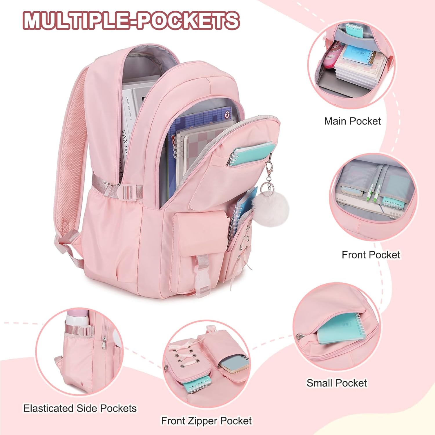 Scothen Backpacks for Girls, Girls Backpack with Lunch Box & Pencil Pouch for Teens Girl Kids Elementary Middle High School College Student Bookbag Daypack Laptop Travel Backpack for Women (Pink)