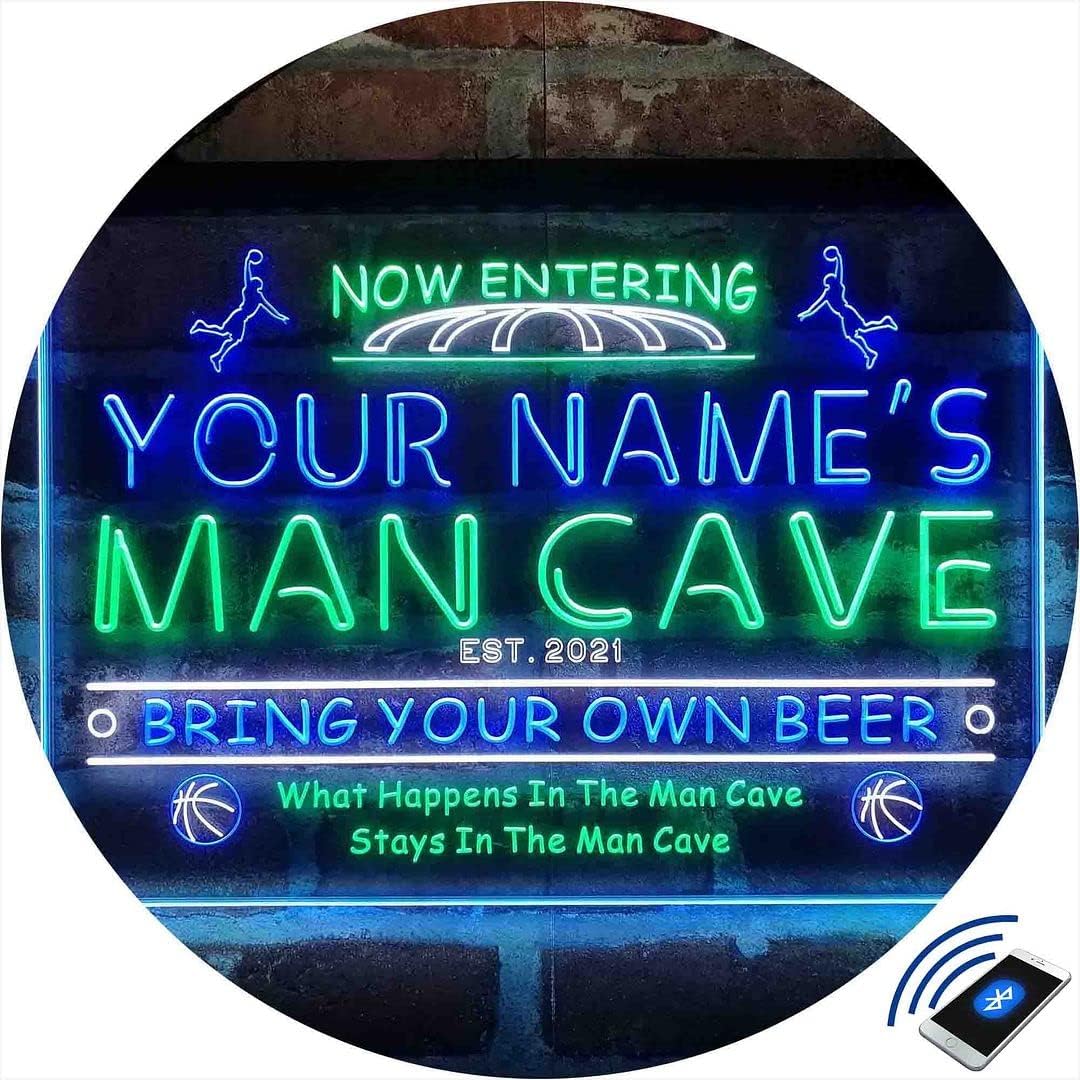 Personalized Basketball Man Cave Tri-Color LED Neon Light Sign Customize Name Date Text Quote Font White & Green & Blue 17.7 x 13.6 Inches st9s43-qc1-tm-wgb