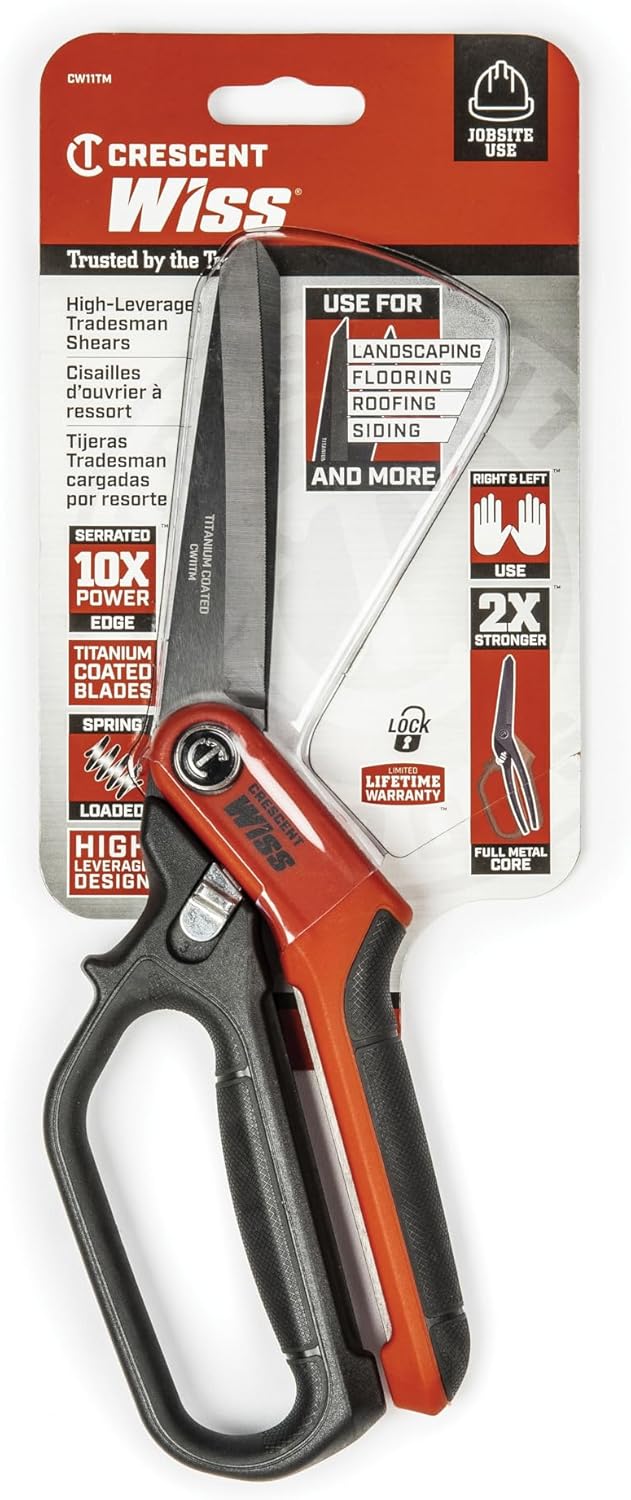 Crescent Wiss 11" Heavy-Duty Titanium Coated Single Ring Tradesman Shears - Industrial Utility Shears/Scissors for Cutting Leather, Wire, Cardboard - CW11TM