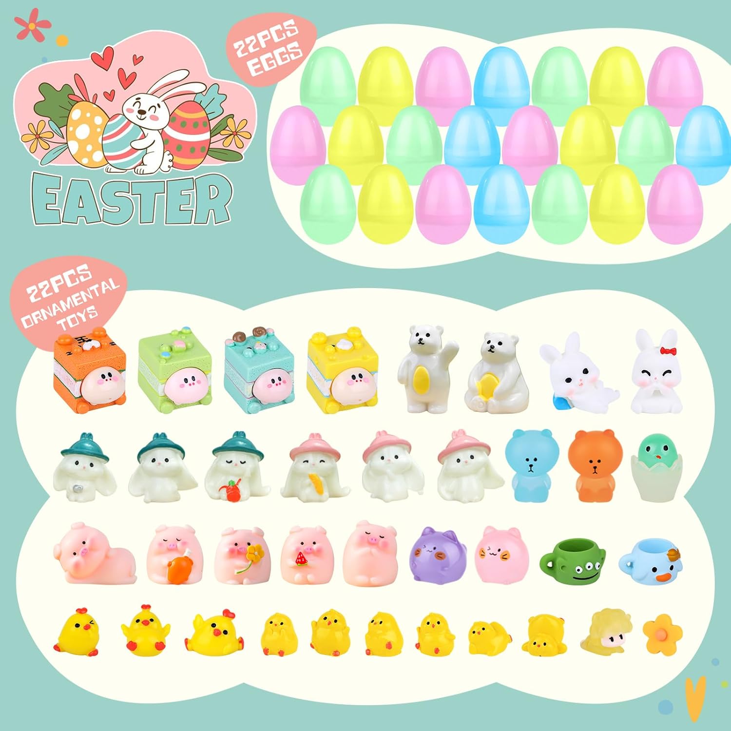 22pcs Prefilled Easter Eggs with Mini Resin Animals Figurines, Easter Egg Hunt Fillers Easter Basket Stuffers, Prizes Classroom Events Party Favors Gifts