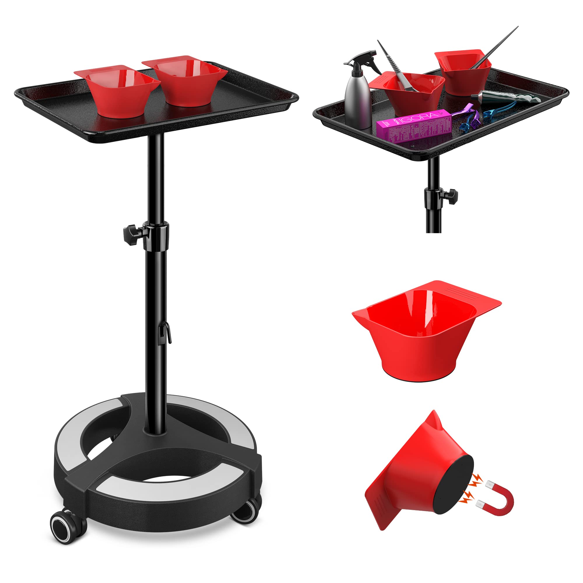 Salon Tray Salon Rolling Trolley on Wheels with 2 Magnetic Bowl Patented Rolling Wheels No Catching Hair Black