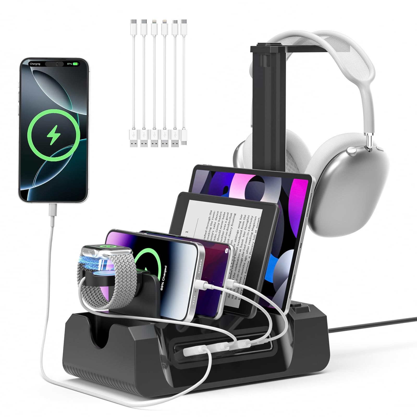 KDD Ladestation Mehrere Geräte mit 6 Port, Handy Ladestation Mehrfach mit Uhr & Headset Halterung, 2 AC&USB A&USB C, Schnellladung USB Ladestation mit Kopfhörerständer für Telefones Tablet Apple Watch