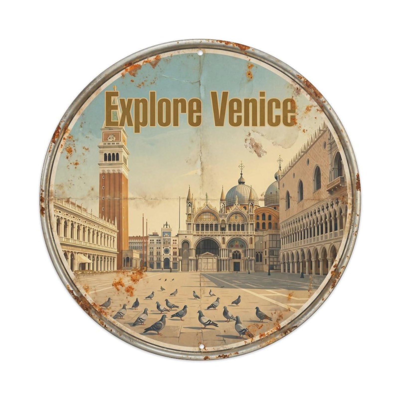 Venice Piazza City Square Vintage Italian Travel Guide Metal Tin Sign Plaque Wall Decor for Cafe, Man Cave, Club Bar, Office, Home Garden Round Metal Poster 8x8Inch