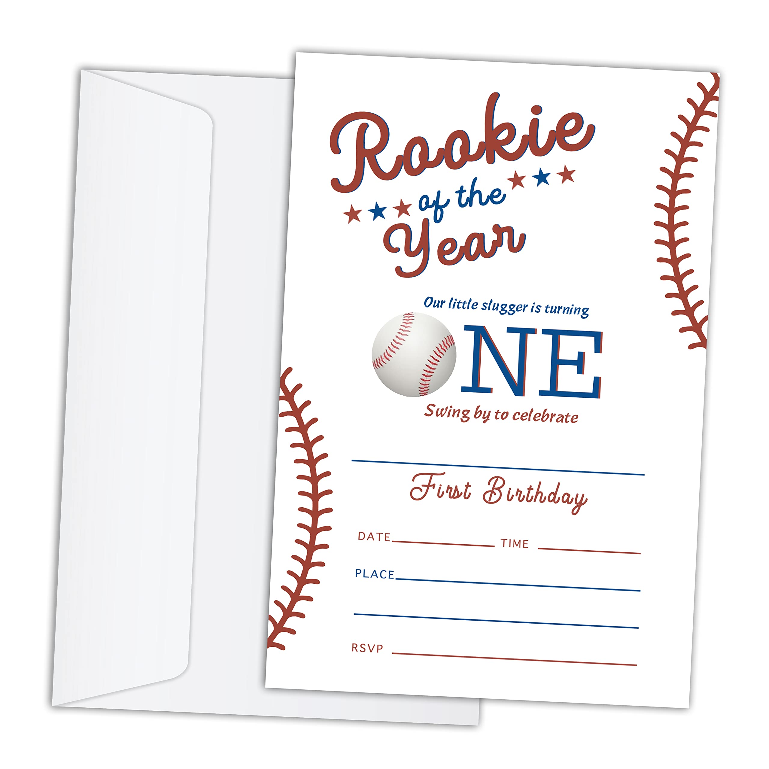 Birthday Invitations Cards with Envelopes Set of 20 - Rookie of the Year Baseball First Birthday Party Invitations for Kids, Boys or Girls, Kids Party Celebration, Supplies/BDAY066