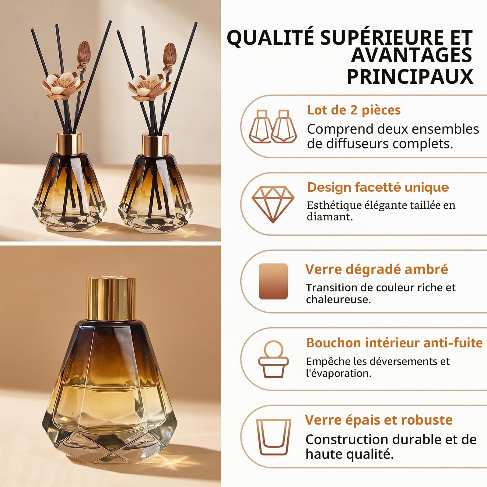 Lot de 2 flacons diffuseurs vides Rechargeables en Verre de 60 ML pour aromathérapie, Parfum, Accessoires de Rechange pour décoration d'intérieur et de Salle de Bain