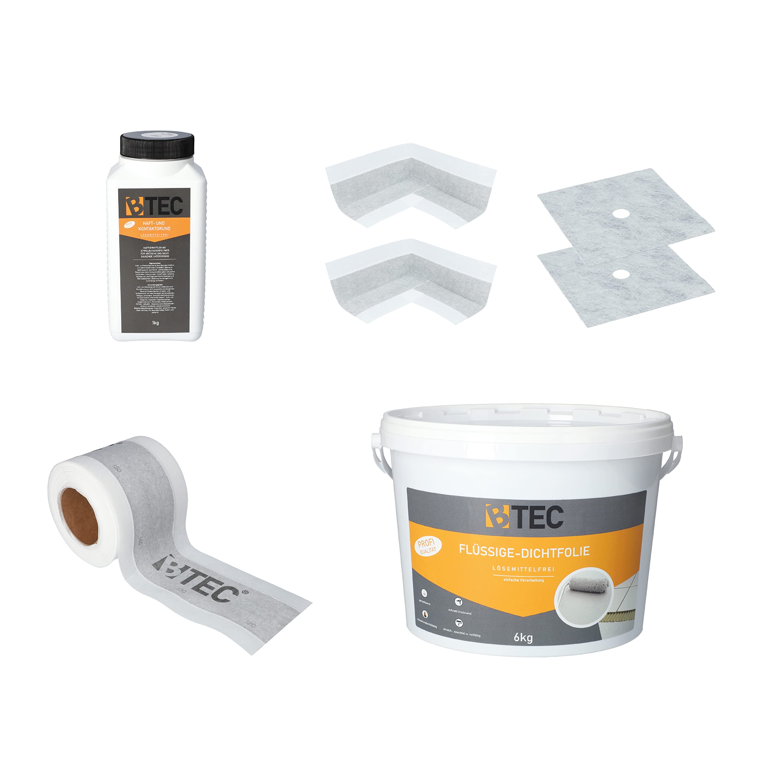 Dicht-Set Dusche "Spezial" 6 Kg Flüssigfolie, 2 Innenecken, 2 Wandmanschetten, 5m Dichtband, 1l Haftgrund Abdichtung Dichtset Abdichtungsset Fliesenabdichtung