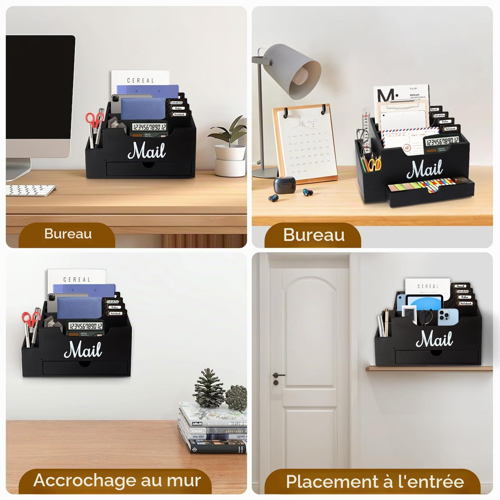 Organiseur de Courrier de Bureau en Bois et Tiroir, Noir