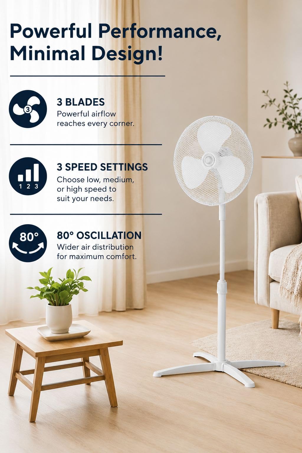 Opviq Kumtel regulowany biały wentylator z oscylacją 80°, 3 poziomy prędkości, silnik miedziany, 40 W, 42,1 x 10,5 x 56,3 cm