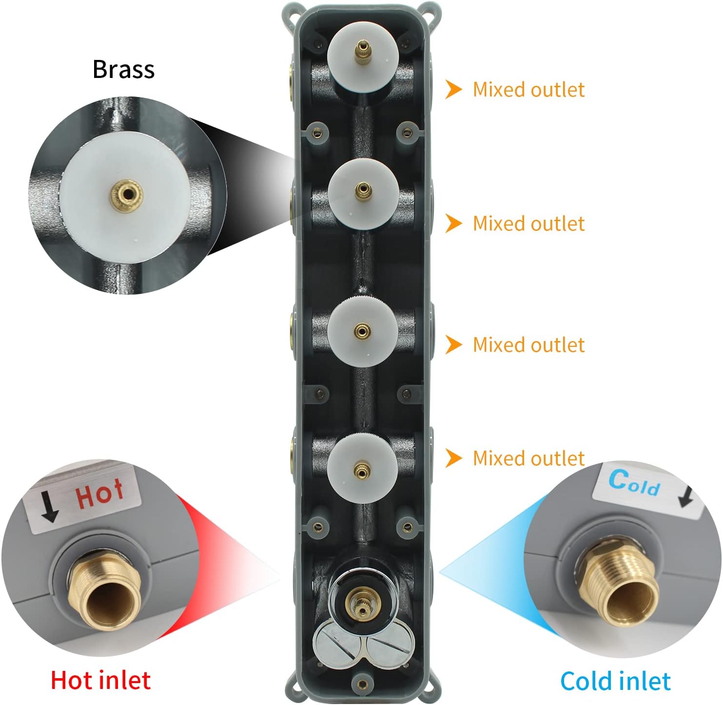 4 Way Thermostatic Shower Mixing Valve, Concealed 4 Function Shower Diverter Brass Valve with 5 Handles, Can Run Together and The Flow Can Be Controlled with Bathroom Shower System, Chrome