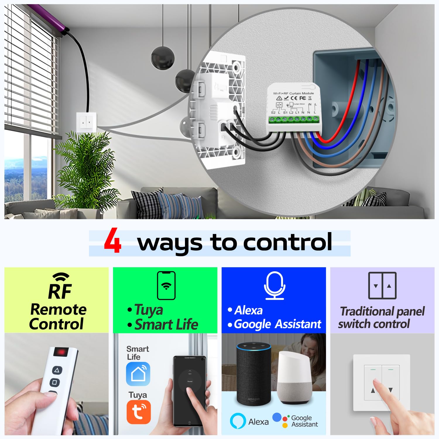 Interrupteur Module Volet Roulant Connecté, Tedeligo Commutateur Rideau Stores WiFi Avec Commutateur Distance RF 433Mhz Compatible Avec Tuya Alexa Google Home Pour Le Contrôle De La Minuterie Vocale