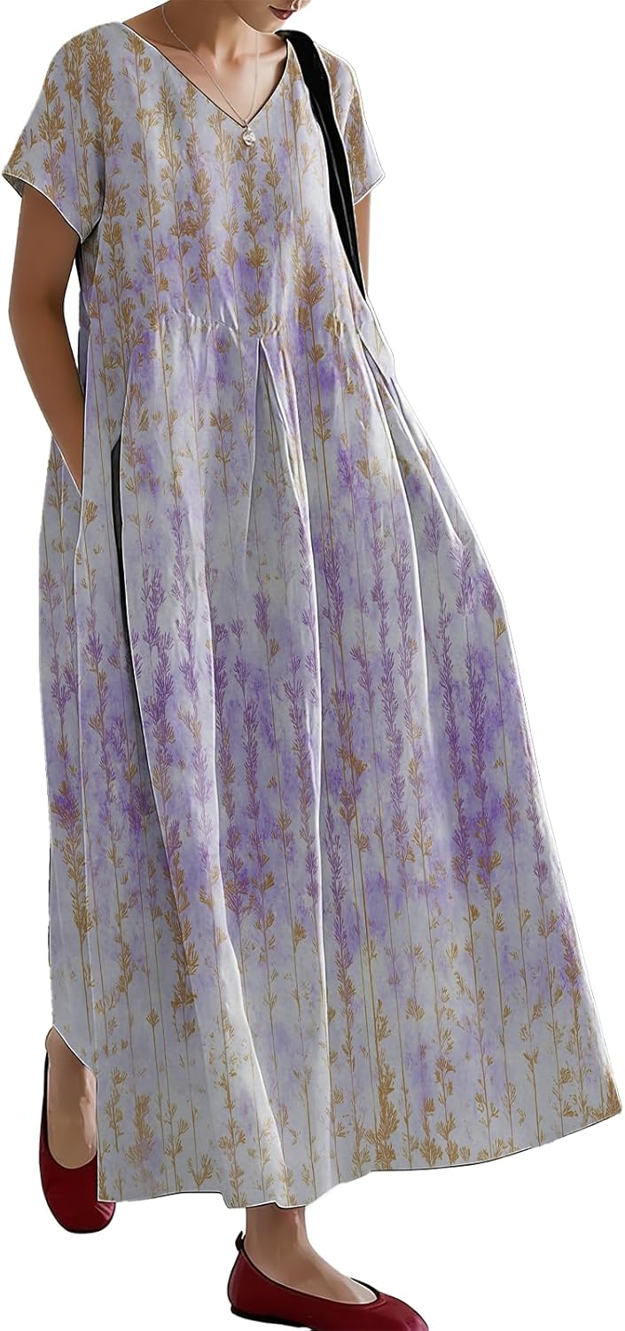 domirica 2026 Summer Maxi Dresses for Women Floral Short Sleeve V Neck Loose Flowy Casual Boho Vacation Dresses