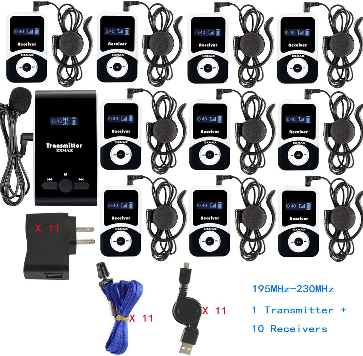 EXMAX® ATG-100T 195MHz Wireless Tour Guide System Microphone for Language Interpretation Church Class Traning Translation Conference Interpretation Travel Trip (1 Transmitter 10 Receivers)