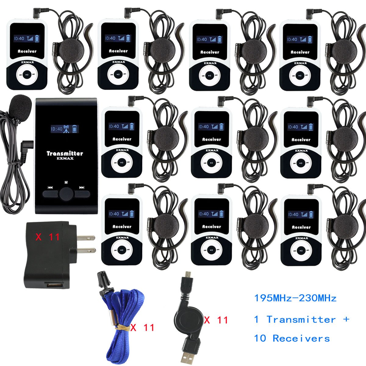 EXMAX® ATG-100T 195MHz Wireless Tour Guide System Microphone for Language Interpretation Church Class Traning Translation Conference Interpretation Travel Trip (1 Transmitter 10 Receivers)