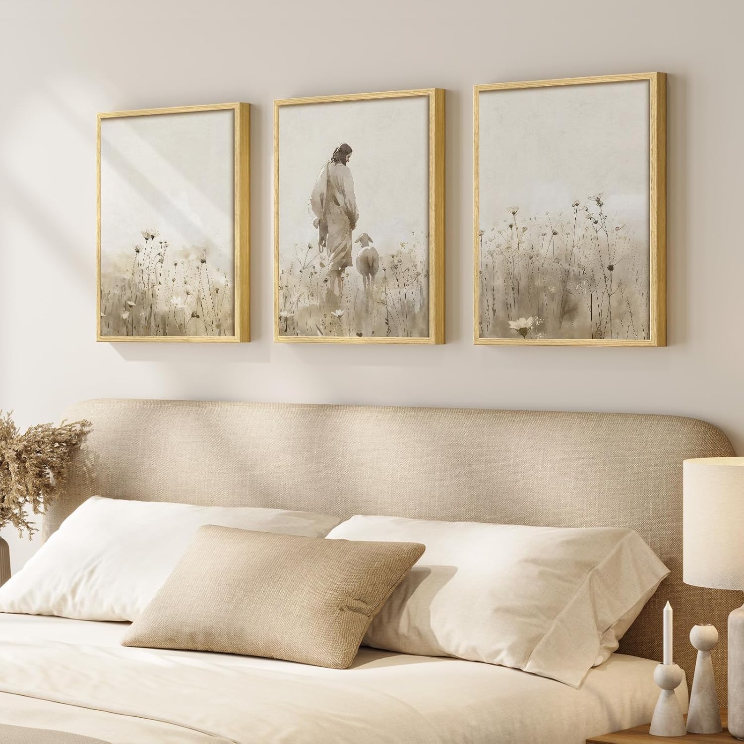 Framed Christian Wall Art Set of 3, Neutral Beige Wildflower Field Jesus and Lost Sheep Prints, Religious Inspirational Scripture Artwork Decor for Living Room Bedroom Prayer Room, 12x16 Inch