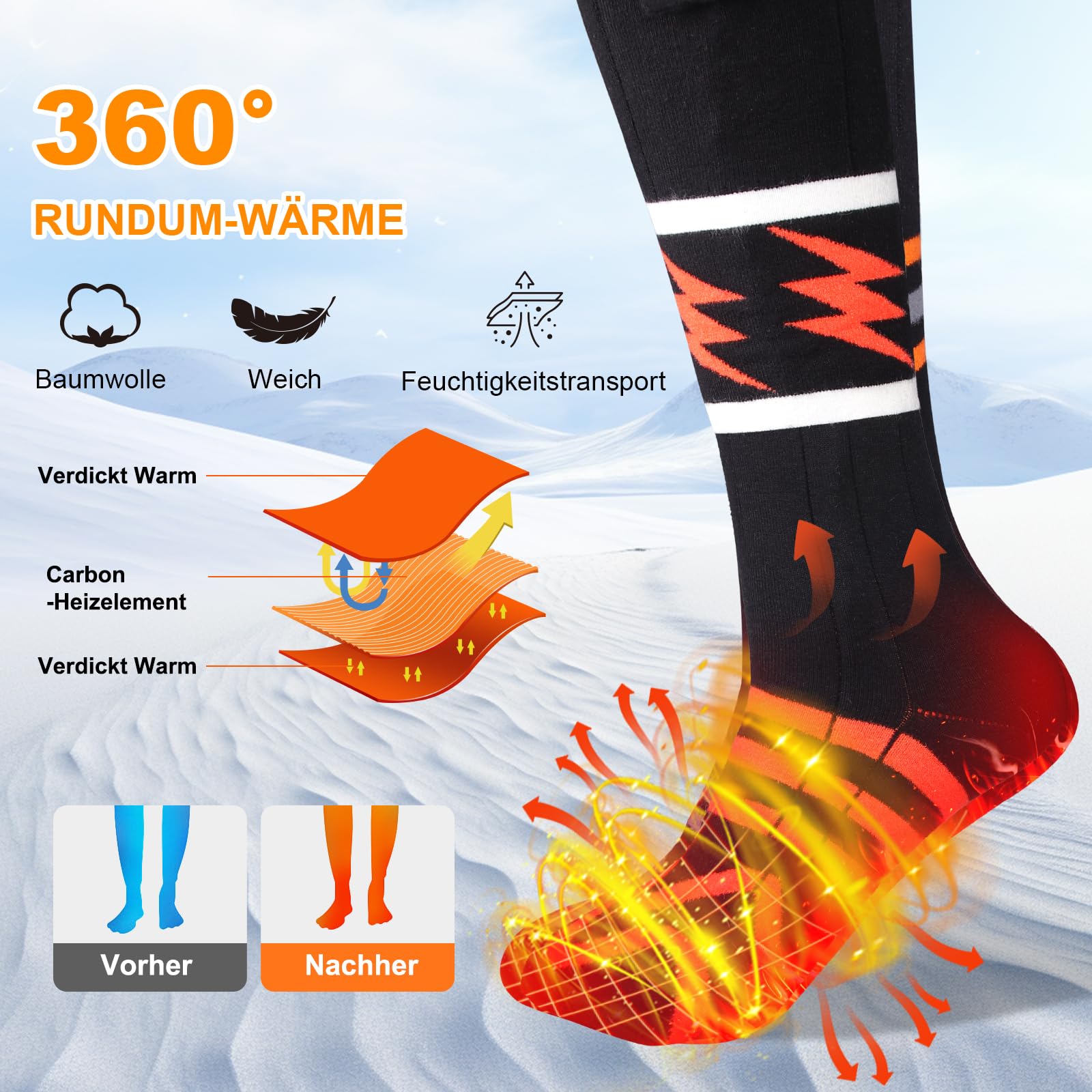 Chaussettes chauffantes pour Femme et Homme avec 5000mAh Batterie, 3 Niveaux de température, 360° Chaussettes chauffantes Rechargeables, lavables, Noir