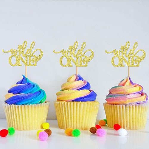 Miniatura 6 de Ercadio Paquete de 24 adornos para cupcakes Wild One, purpurina dorada Wild One, decoraciones para cupcakes Wild One, decoración para baby shower,