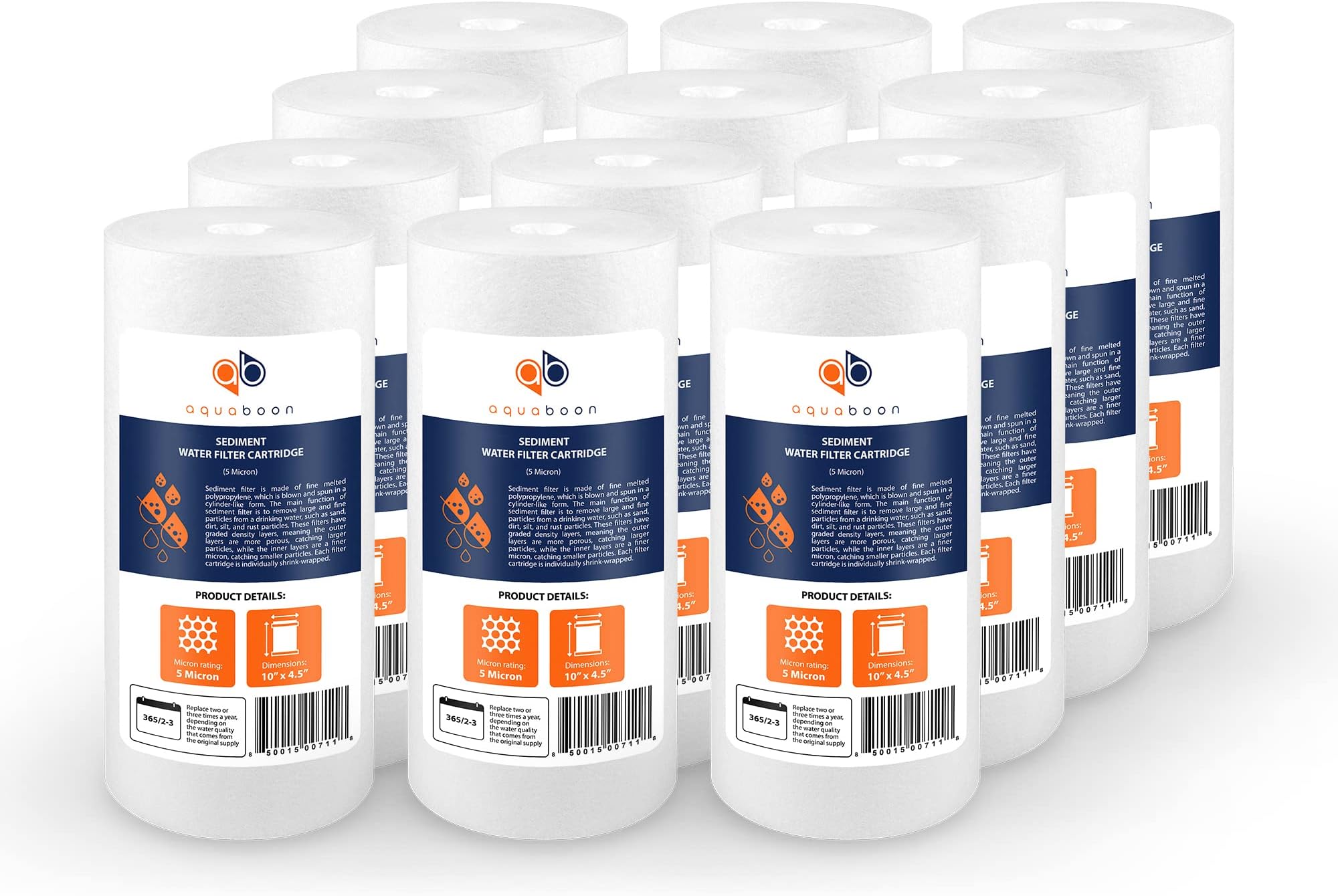 Aquaboon 5 Micron 10 x 4.5 Well Water Sediment Filter Replacement Whole House Water Filter Cartridge Compatible with DGD-5005, WFHD13001B, 12-Pack