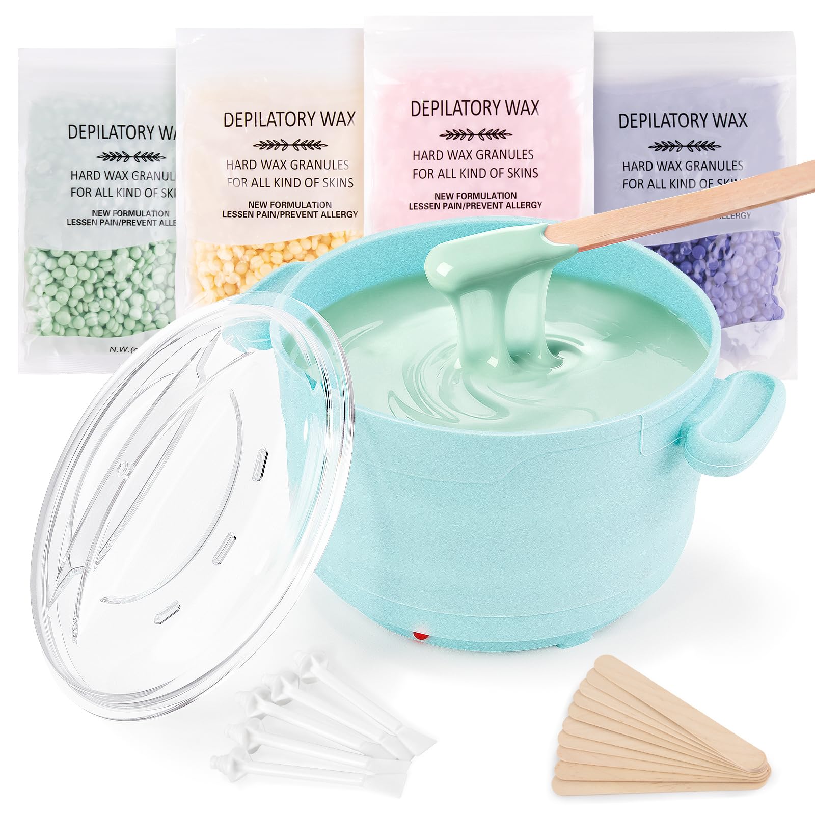 Kit per ceretta, scaldacera pieghevole con 4 confezioni di perline di cera dura, vasetto di cera in silicone per tutto il corpo, viso, sopracciglia, gambe, bikini, kit per la depilazione a casa con 15