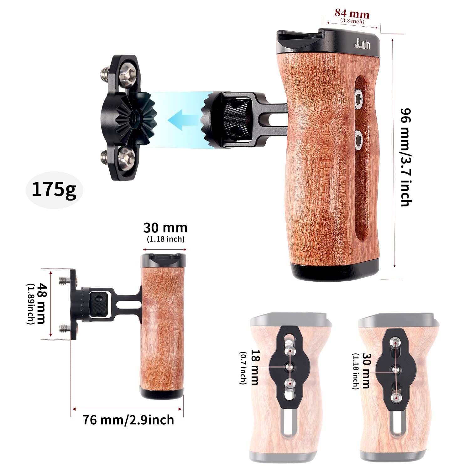 FOTGA Wooden Side Handle Grip Left/Right Handgrip with 1/4"-20 & 3/8"-16 & Cold Shoe Mount Universal for DSLR Mirrorless Camera Cage Rig LED Light (Quick Release Version) - Image 4