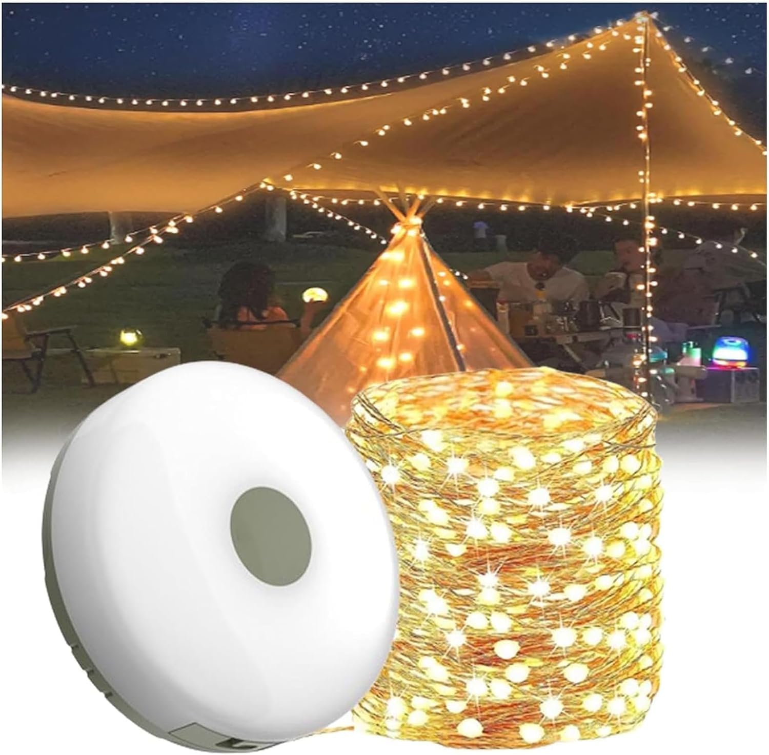 Outdoor Waterproof Portable Stowable String Light, 2000mAh Rechargeable Colorful Camping String Lights, Portable Outdoor Light, Retractable LED Tent String Light for Camping Décor, 10M (Warm)