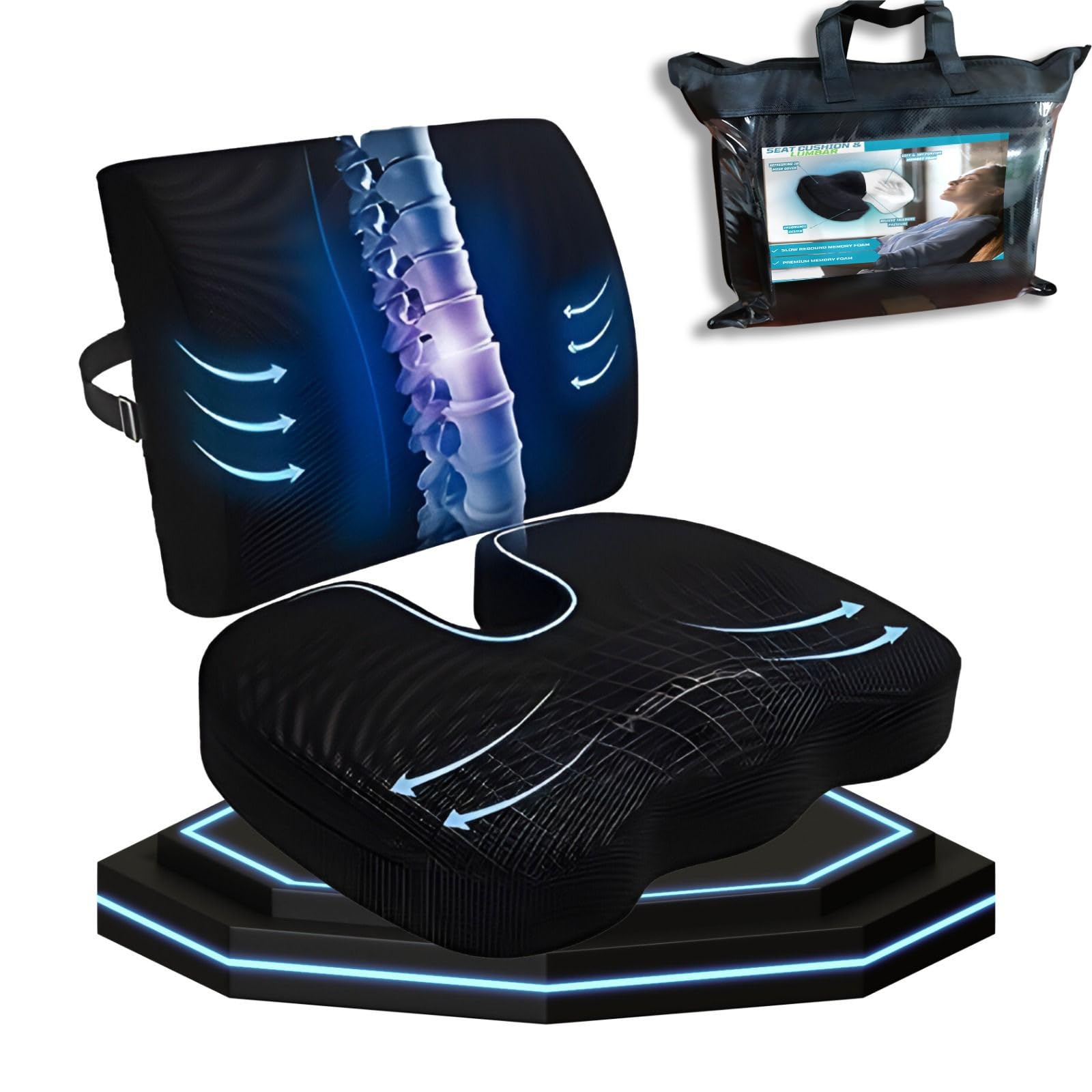 SOFIA® Orthopedic Seat Cushion & Lumbar Support – Memory Foam for Office Chair, Car & Wheelchair – Coccyx Pillow for Tailbone Pain & Sciatica Relief – Washable Cover, Adjustable Strap & Gift Pouch.