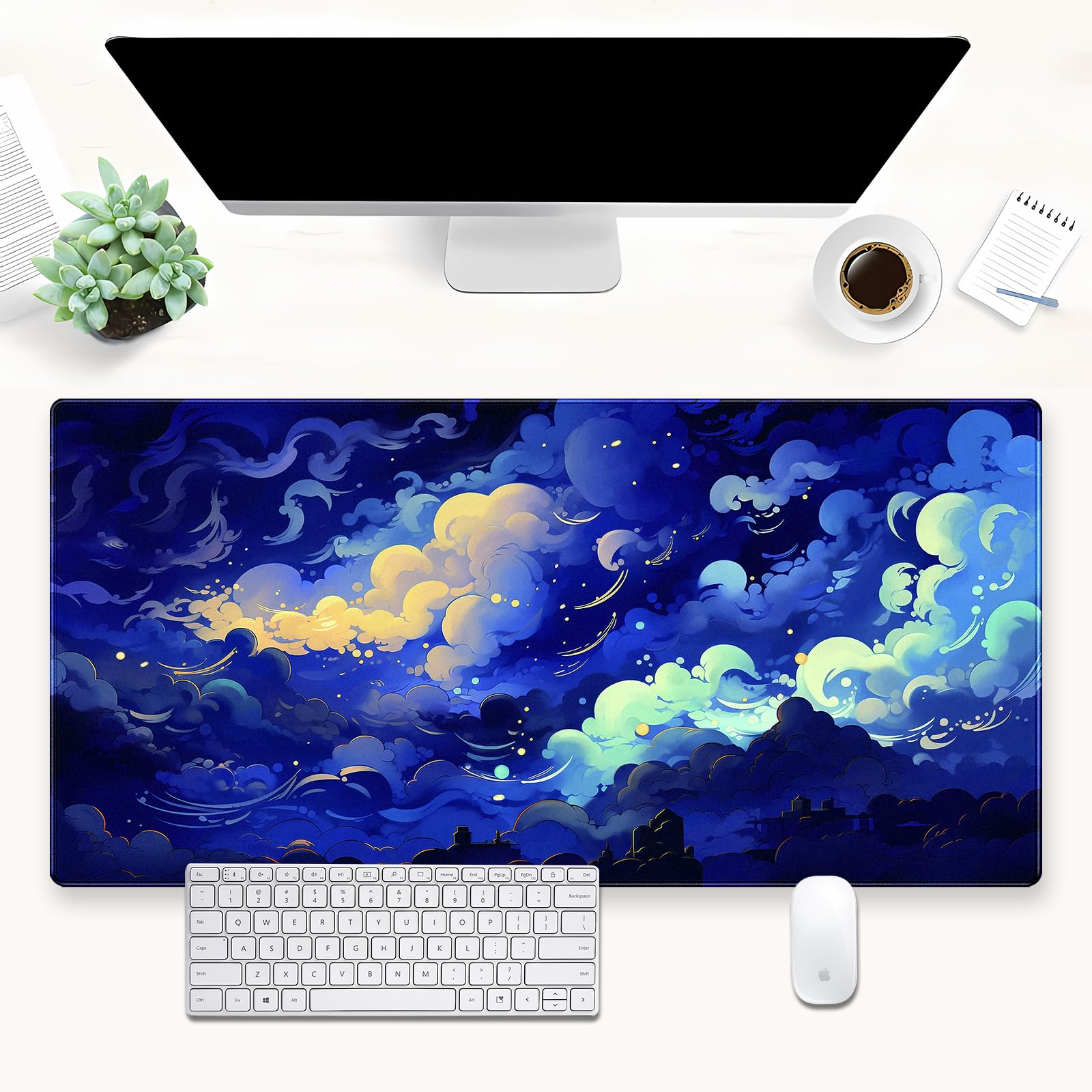 Shalysong XL Gaming Desk Pad Kawaii Dark Blue Clouds Design, Non-Slip Surface & Stitched Edges, 31.5x15.7 in - Cute Aesthetic for Office or Gaming