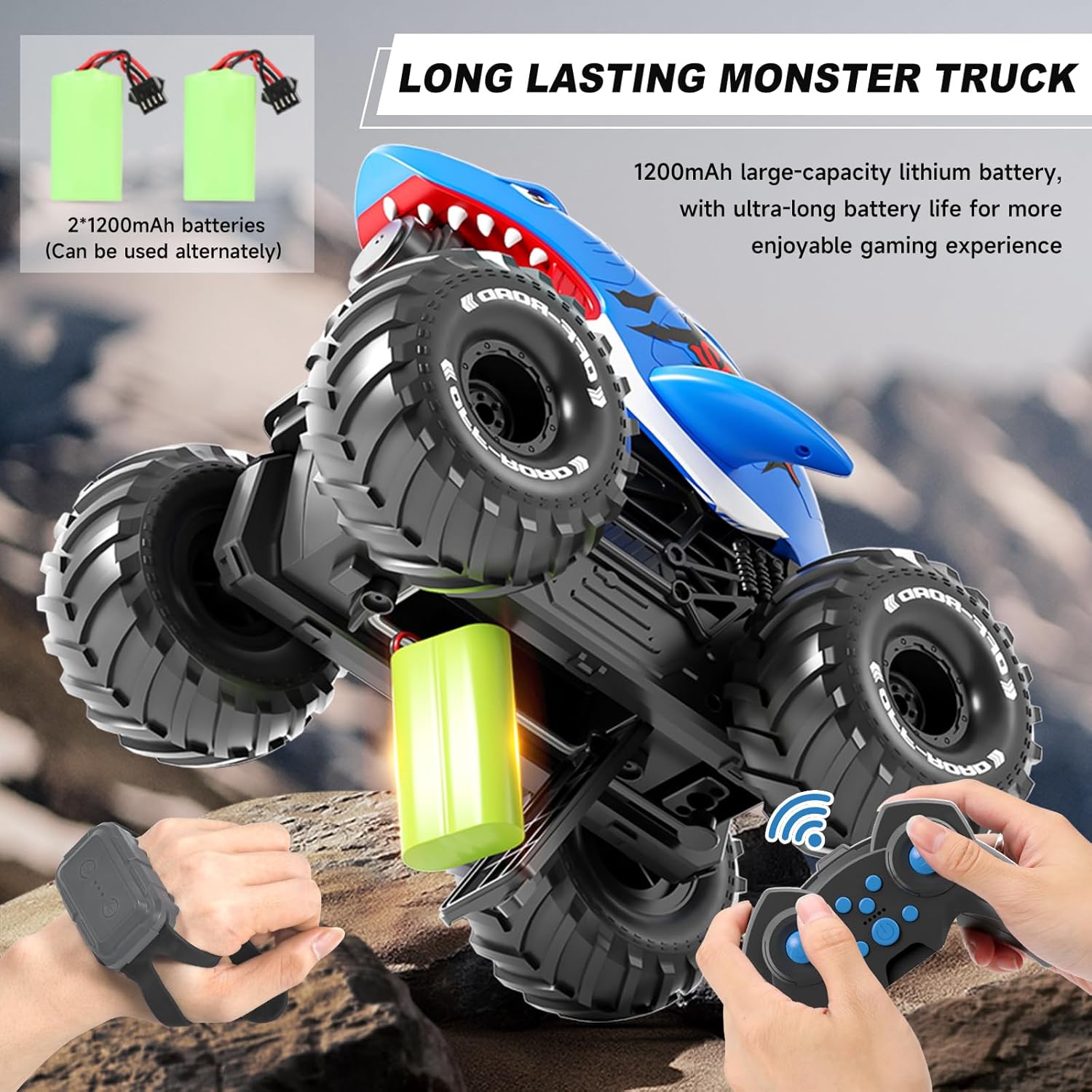 Gesture Sensing Amphibious Remote Control Shark Monster Truck with Water Squirt 4WD 1:16 RC Car All-Terrain Waterproof RC Tank Pool Toy Outdoor Summer Gifts for Kids Age 6+（With 2 Replaceable battery)