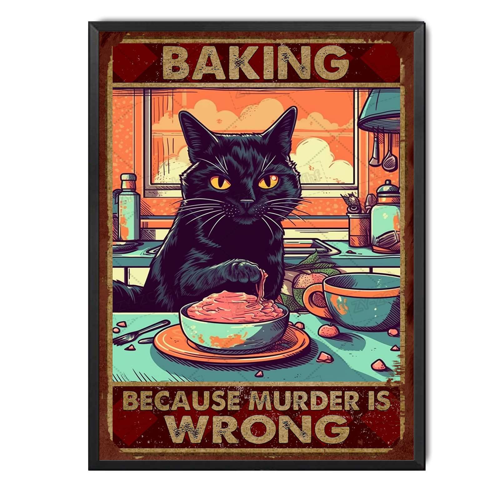 peiyeety Metal Tin Sign Black Cat Baking Inspired Vintage Decorative Wall Plaque, Funny Kitchen Poster For Home Kitchen Living Room Bar Cafe Farmhouse Indoor Outdoor Patio Wall Decoration, 6x8 Inch