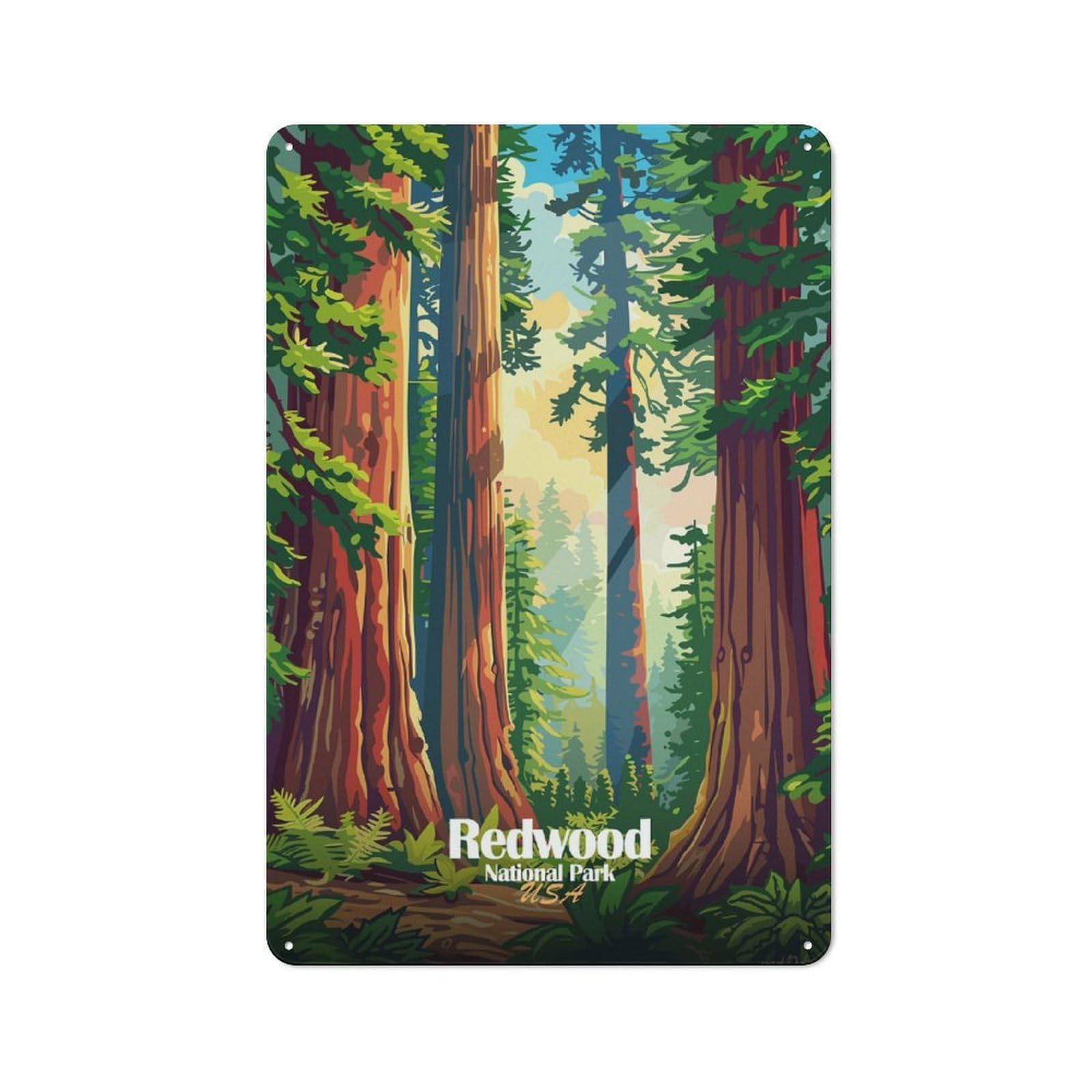 Junmoney Style-16 Vintage Redwood National Park Illustration(2) Metal Plaque 30X20cm, Diner Style Decor For Bakery, Diner, Cafe Or Family Room